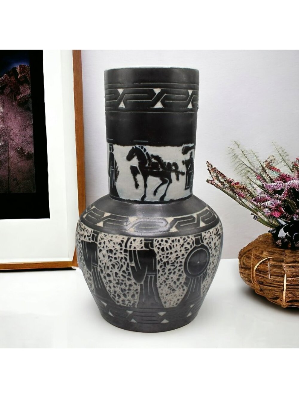 Vintage Hand Carved Pottery Vase Black and White Egyptian Revival 9 1/2" Tall